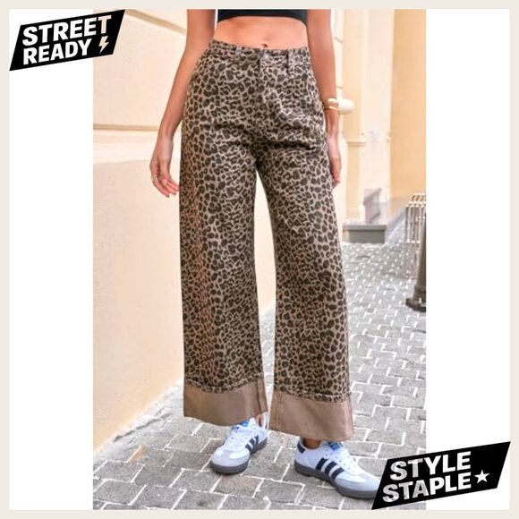 Wide Leg Boyfriend Jeans High Waisted Cuffed Denim Pants with Pockets - Picture 2 of 7